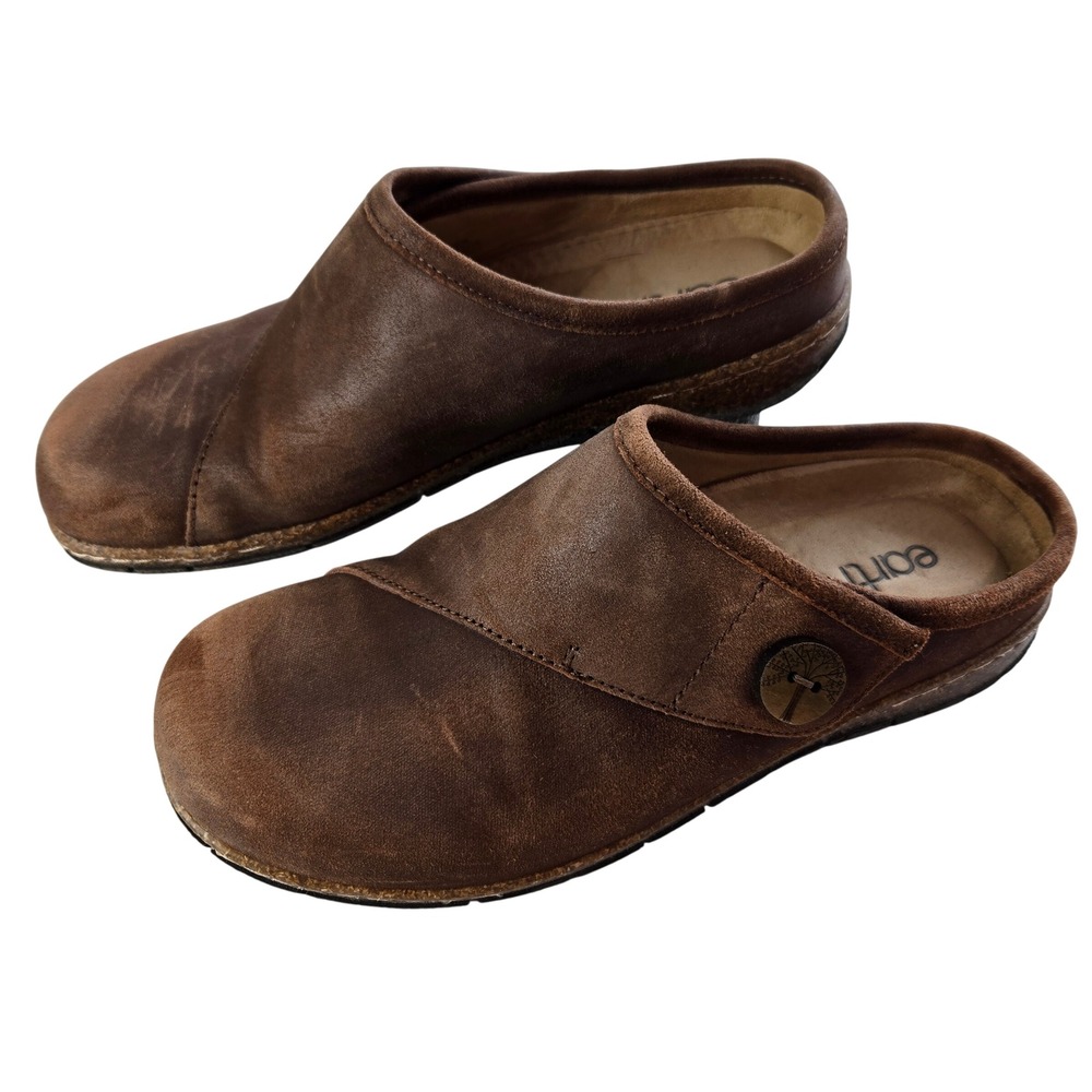 Earth Size 9 Leather Clogs Mules Brown Button Slip On Comfort Cork Sole #1216 - Picture 2 of 7